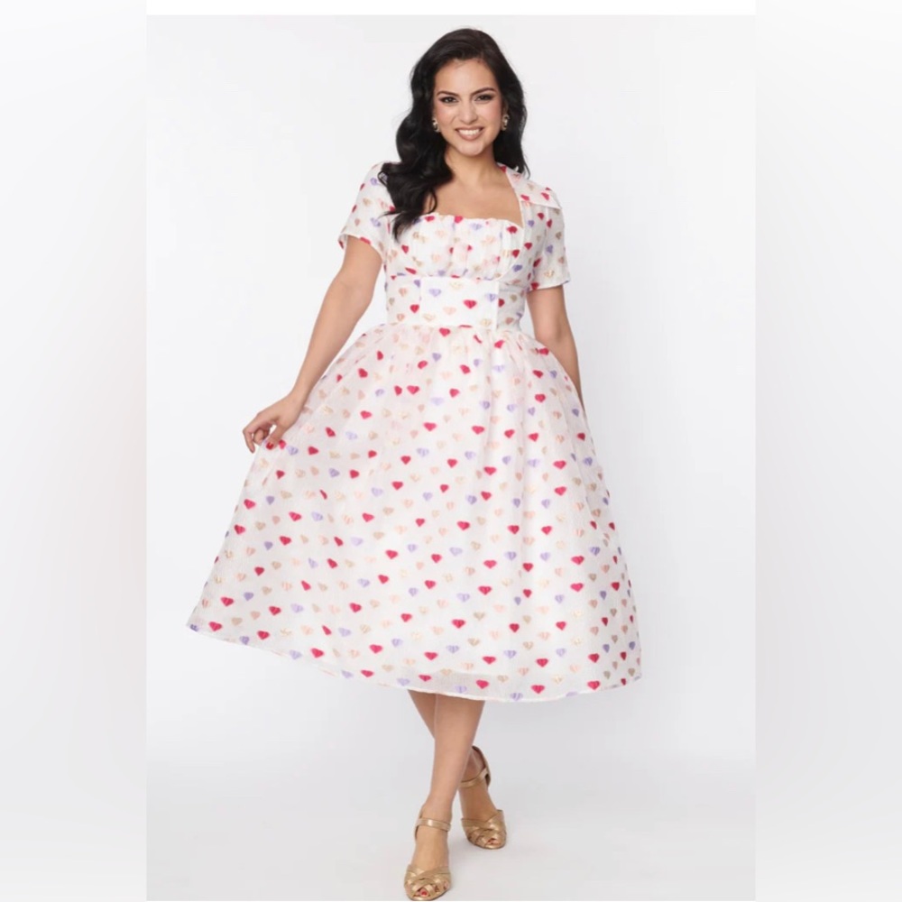 Unique Vintage NWT White & Multi Hearts‎ Crinkle Libby Swing Dress - Picture 4 of 4